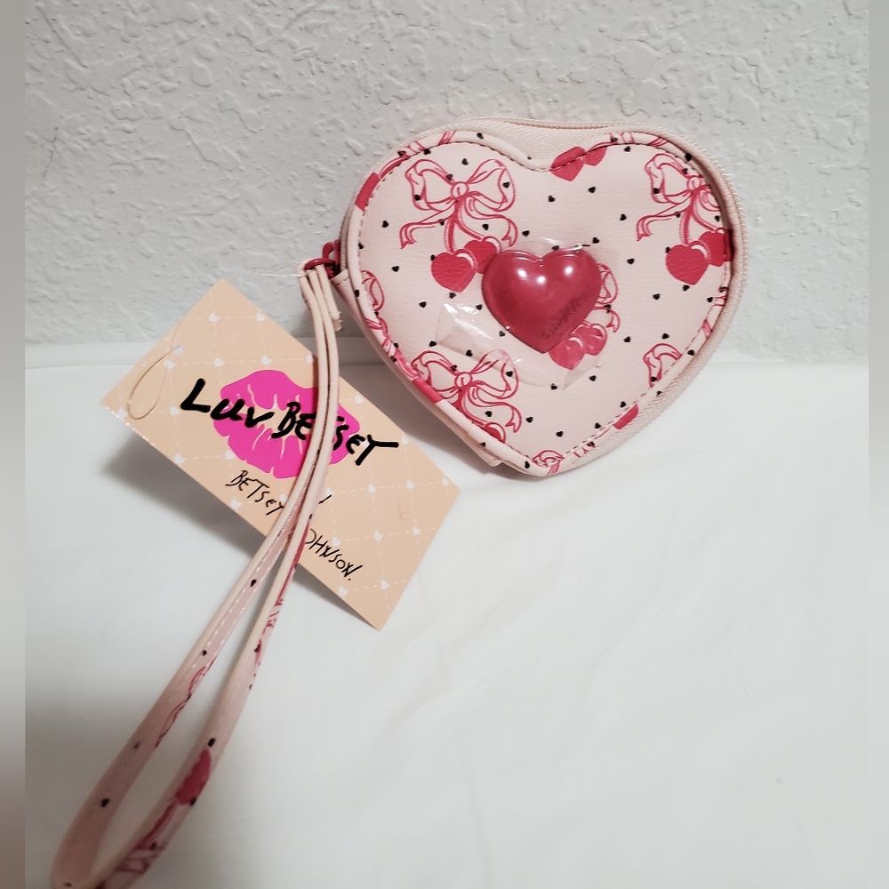 Luv Betsey By Betsy Johnson Heart-Shaped Wristlet with Pink Bows and hearts